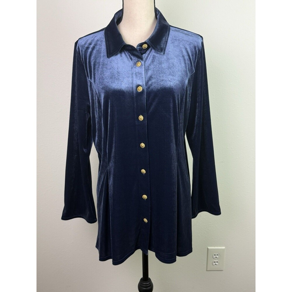 Soft Surroundings Enchanted Blue Velvet Button Front Shirt Size XL Boho Luxe